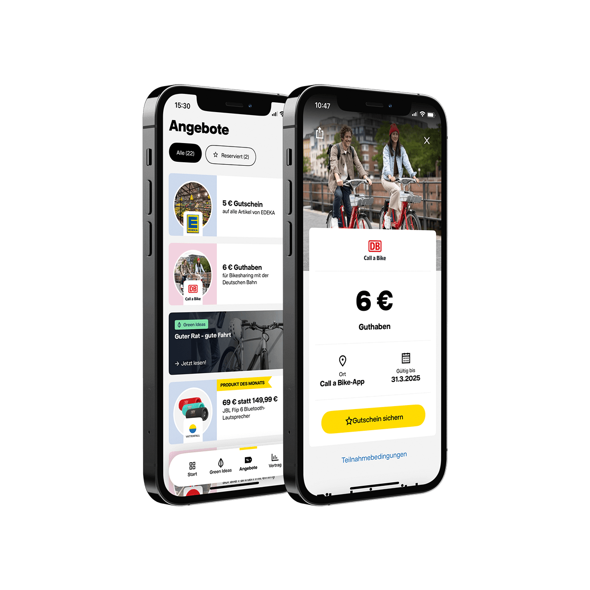 Zwei mobile Ansichten der Vattenfall-App, in denen das StadtRAD-Angebot zu sehen ist.